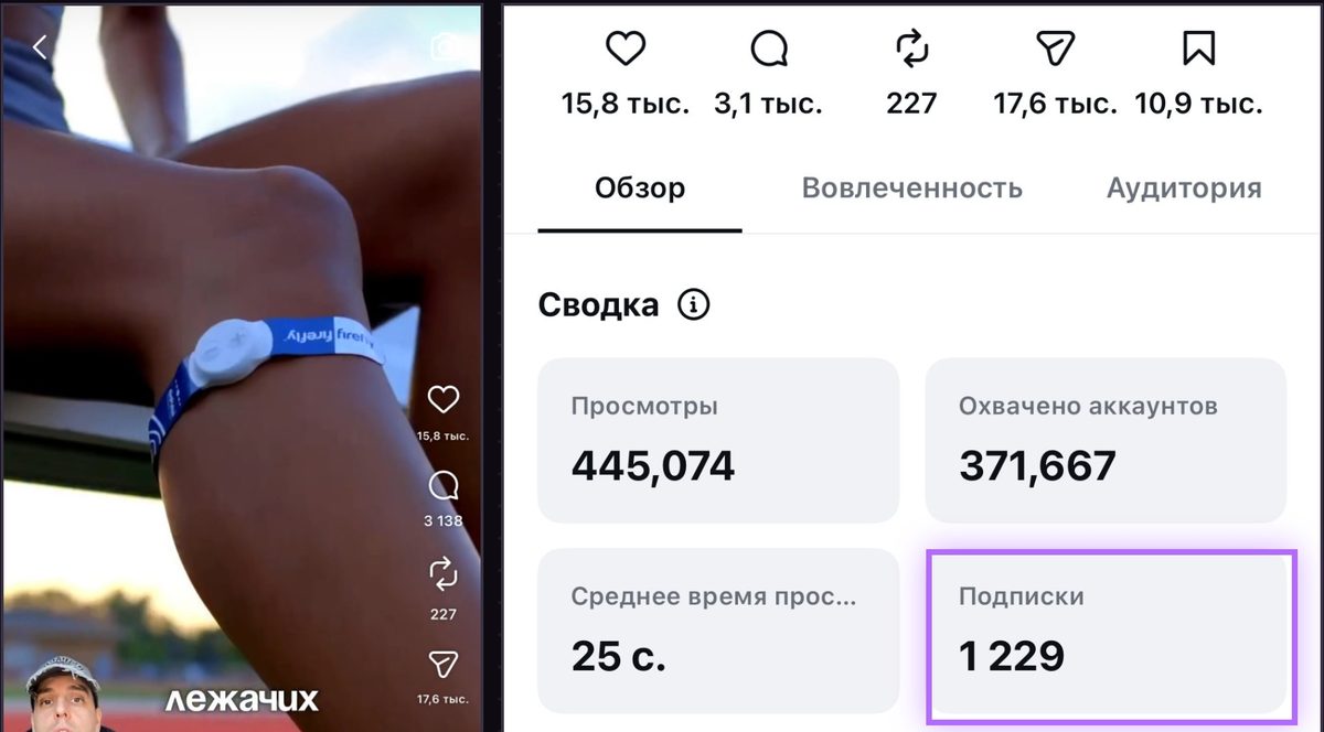Лучший ролик и его статистика: 445 074 просмотра, охват 371 667, 1 229 подписок