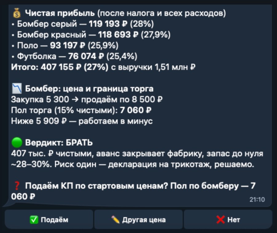 Ответ ИИ-аналитика в Telegram: прибыль по позициям и вердикт «брать»